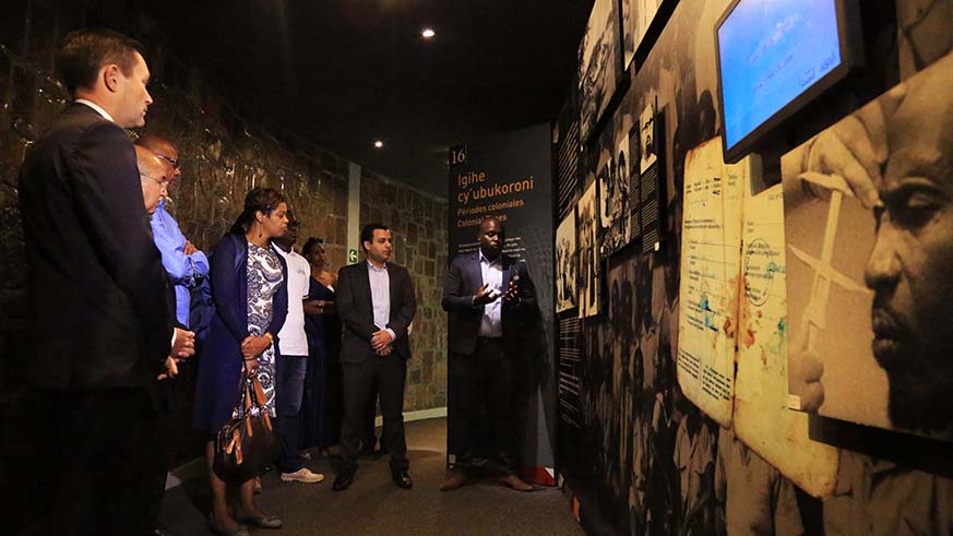 The president of the International Cycling Union (UCI) David Lappartient and his delegation inside the Kigali Genocide Memorial where they were briefed about the Genocide and how it was executed. Sam Ngendahimana.