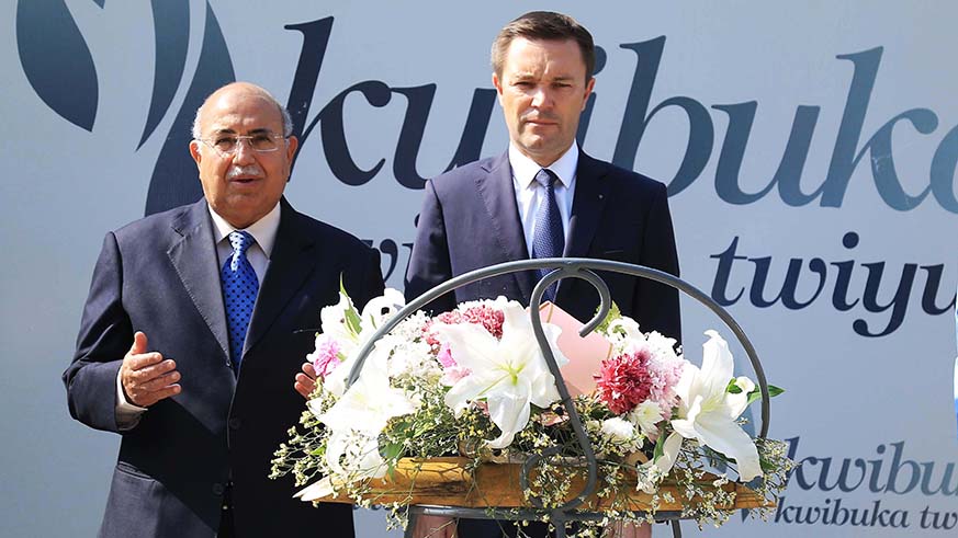The president of the International Cycling Union  David Lappartient (R) and  President  of the African Cycling Confederation Dr Mohamed Wagih Azzam (L) observe a moment of silence