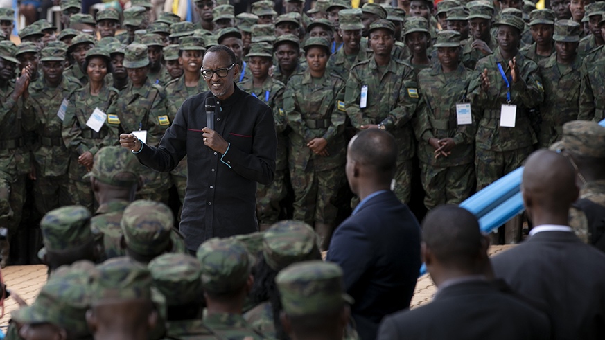 President Kagame speaks at the closure of the eleventh edition of Itorero Indangamirwa at the Gabiro Combat Training Centre in Gatsibo District, Eastern Province yesterday. Village Urugwiro.
