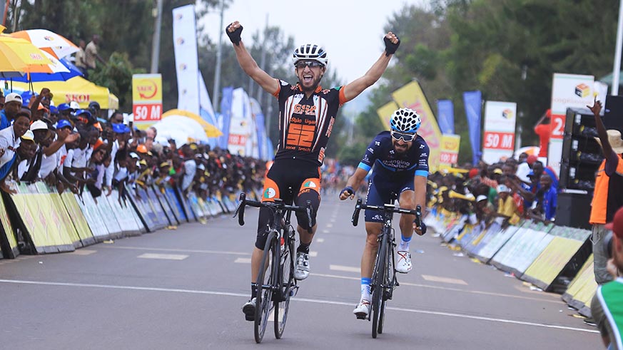Ladag Azzedine and Lozano Riba David cross the finish line of Tour du Rwanda 2018 stage 1 in Rwamagana yesterday .Sam Ngendahimana
