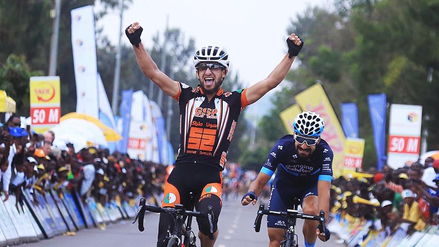 Tour du Rwanda 2018 stage 1 winner Ladag Azzedine celebrates his crucial victory as Lozano Riba becomes the second in Rwamagana yesterday (Sam Ngendahimana).