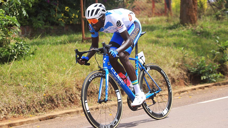 Two time Tour du Rwanda winner Valens Ndayisenga during his solo attack during the race