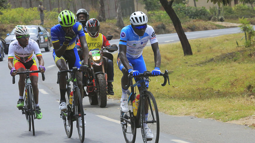 Samuel Mugisha, Jean Claude Uwizeye and Hailemichael Hulu during their unbreakable breakaway from Kamonyi to the finish line.