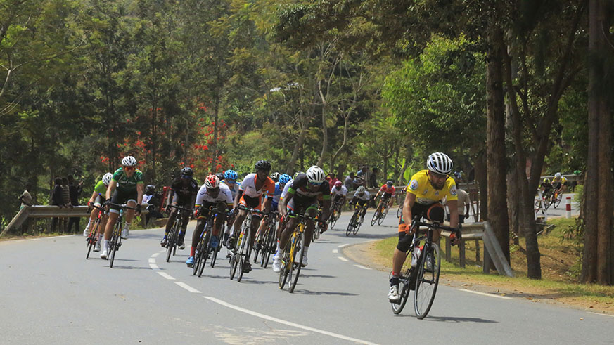 Veteran Azzedine laeds the peloton as they go down Musambira in Kamonyi District