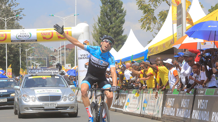 Team Embrace the World's Timothy Rugg celebrates  his Stage 4  solo finish in Karongi on Wednesday afternoon to mark the rider's second stage victory in Tour du Rwanda. He recorded his first stage win in 2016. (Sam Ngendahimana)