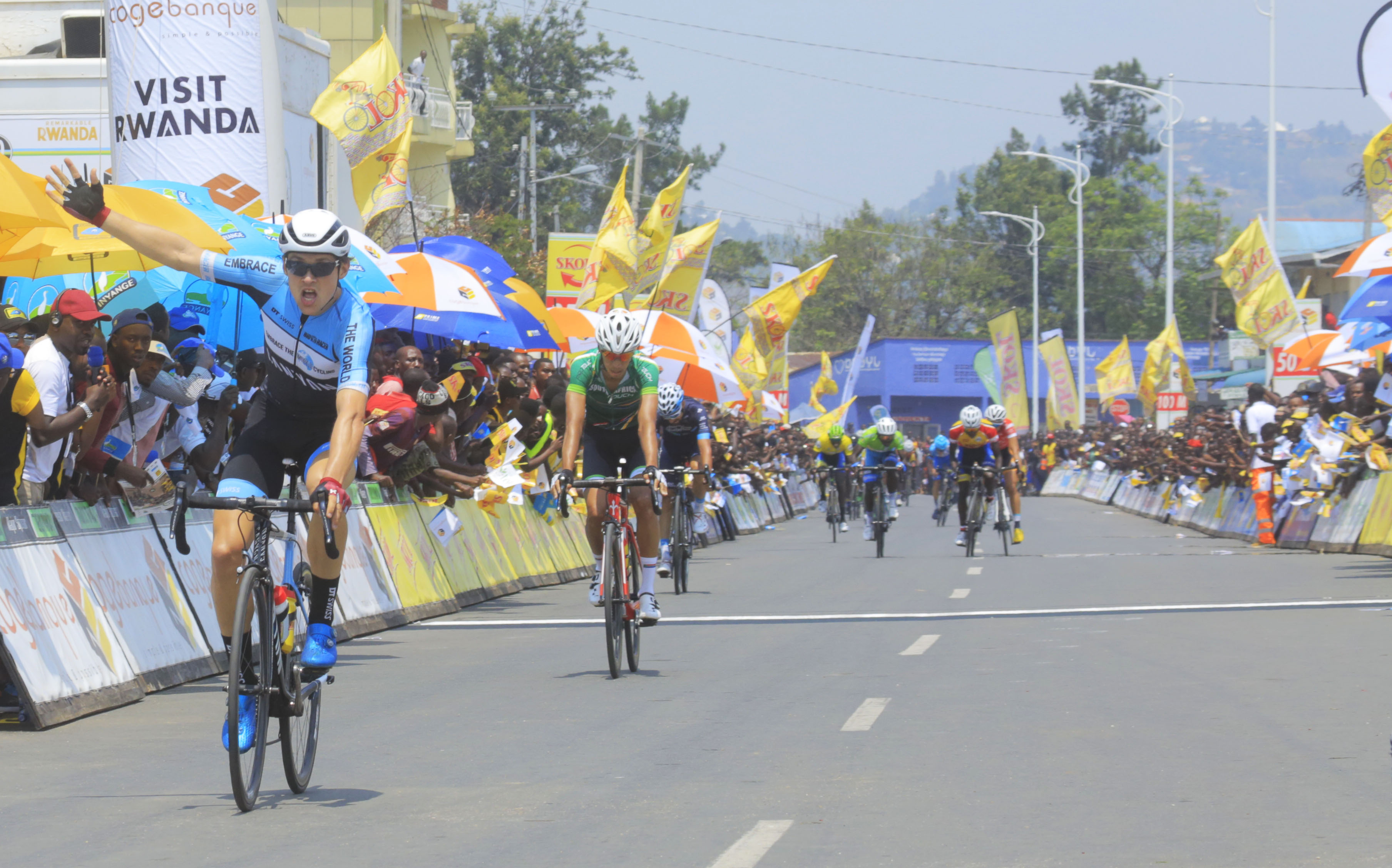 German Julian Hellmann holds up his palm in triumph as he celebrated his second stage victory at the ongoing 10th edition of Tour du Rwanda. The 27-year old also won Stage 3 from Nyanza to Musanze on Tuesday. (Sam Ngendahimana)