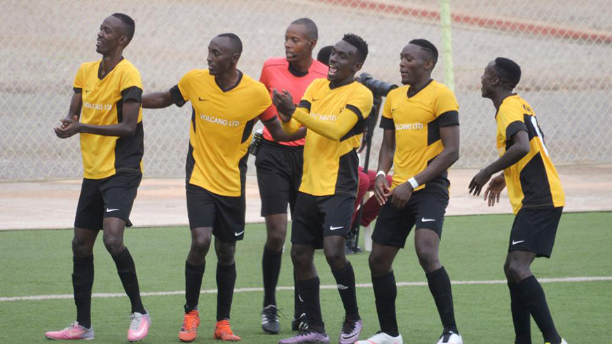 Ugandan striker Rashid Mutebi (2nd-right) scored the goal that saw off APR on Wednesday. Mukura players are seen here celebraing after eliminating AS Kigali in the round of last sixteen earlier this year. File photo.