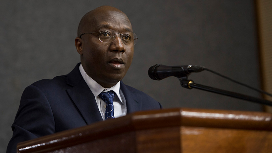 Prime Minister Edouard Nigirente delivers his remarks at Parliamentary Buildings in Kimihurura yesterday. Village Urugwiro.