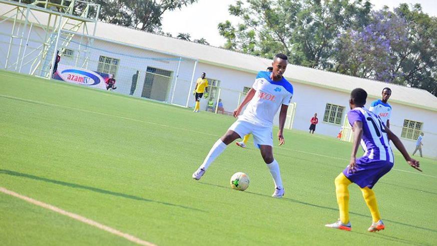 Rayon Sports midfielder Yannick Mukunzi (with the ball) provided assist for the second goal during the 2-0 victory over Sunrise at Kigali Stadium yesterday. Courtsey 