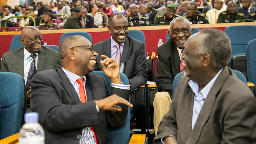 Senators Narcisse Musabeyezu (left, front row), Tito Rutaremara (right, front row), Zephyrin Kalimba (left, back row), Dr Richard Sezibera (centre, back row) and Prof. Chrysologue Karangwa (right, back row) share a light moment during the presentation of the implementation report of the 2017-18 performance contracts (Imihigo)  and signing of the 2018-19 Imihigo at the Parliamentary Buildings, Kimihurura yesterday. Courtesy. 