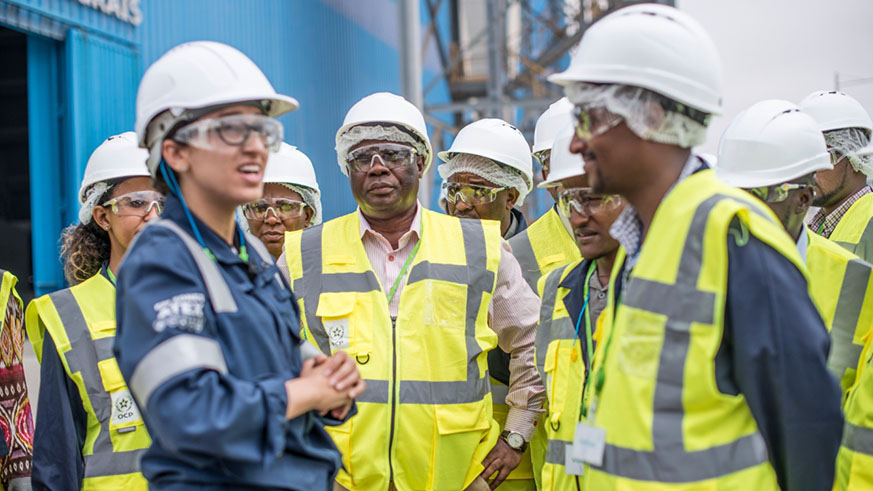  Lamia Boukari, 25, Production Engineer at Jorf Lasfar phosphate Industrial platform explaining to the visiting journalists how the plant operates. 
