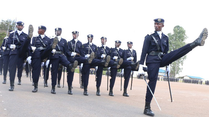 Officer Cadets during parade at a pass-out ceremony at Police Training School Gishari in Rwamagana District yesterday. The Minister for Justice and Attorney-General, Johnson Busingye commissioned 413 Officer Cadets who completed a year-long course at the police school. Courtesy.