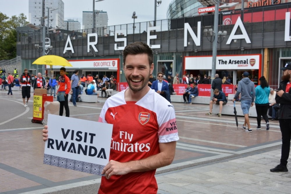David Toovey, communications advisor to Rwandau2019s Green Fund, is one of the Arsenal-Visit Rwanda deal enthusiasts who flew to London for Arsenalu2019s EPL opener against Man City on Sunday. Courtesy.