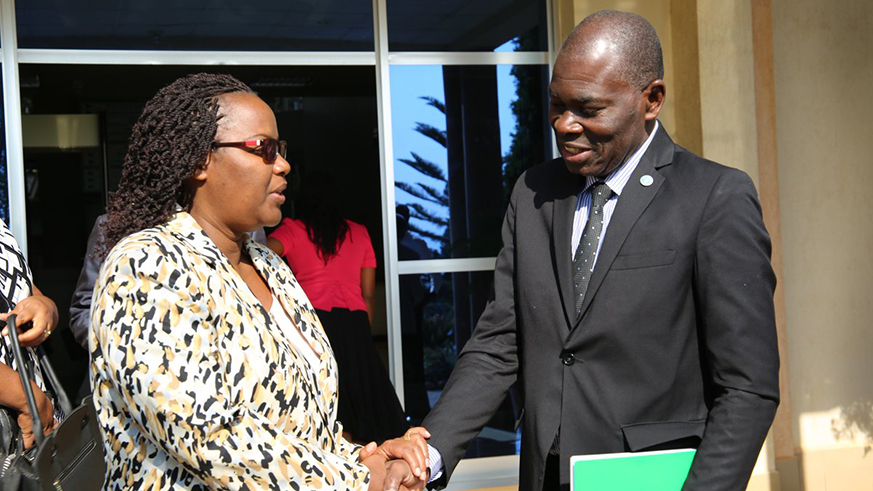 The Minister for Agriculture and Animal Resources, Dr Gerardine Mukeshimana (left), welcomes Dr Gaulbert Gbehounou, the new FAO Representative to Rwanda in Kigali last month. Courtesy.