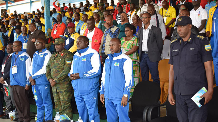 Officials at the opening ceremony of the 2018 FEASSSA Games at Ubworoherane Stadium in Musanze District. Ru00e9gis Umurengezi.