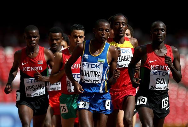 Rwanda international Felicien Muhitira #4 has disrupted Kenyans' dominance in the race after winning it two consecutive times. He is seen here leading a group in a past IAAF event in Beijing, China. File photo