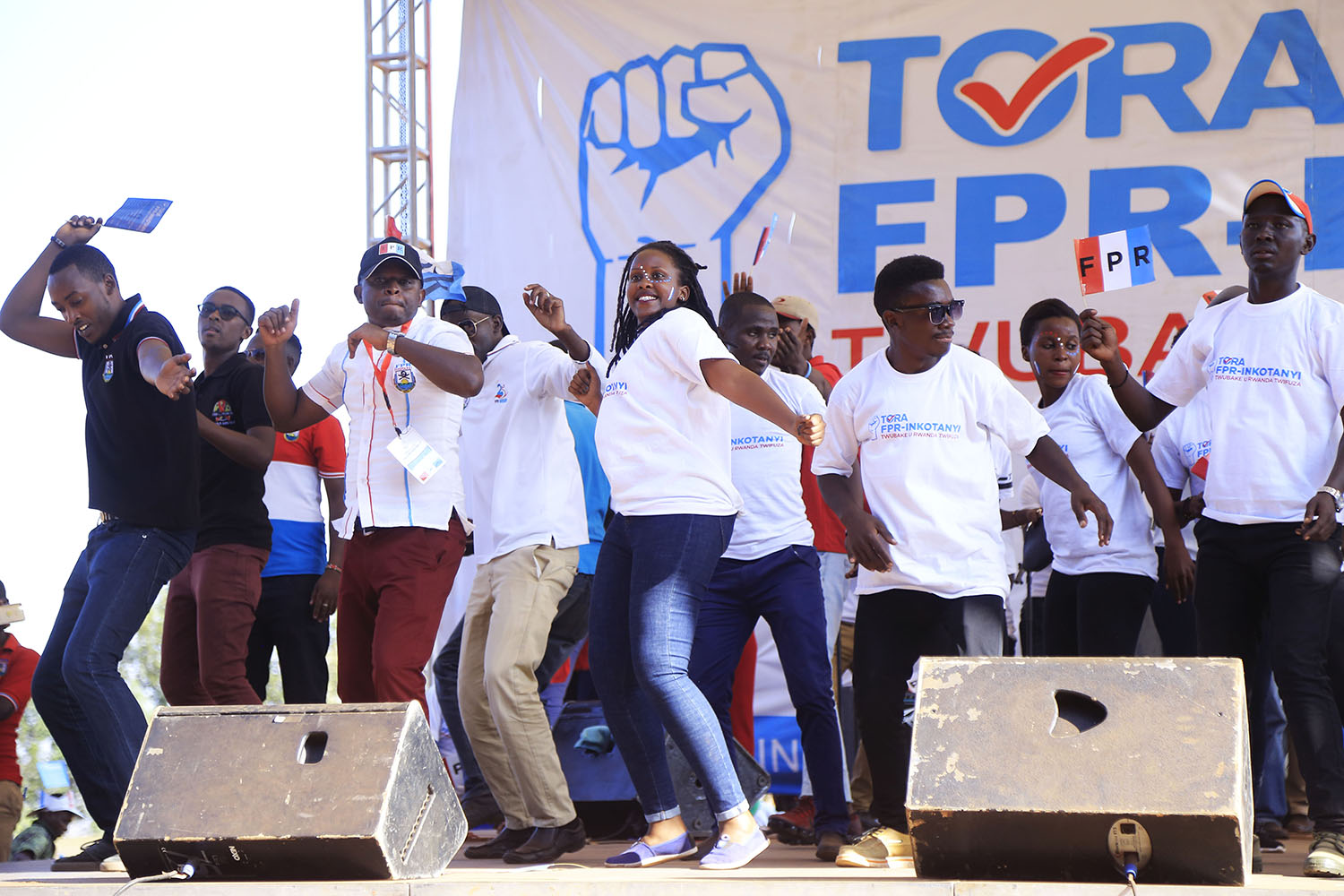 RPF-Inkotanyi youth dance during a campaign on Tuesday.  S. Ngendahimana.