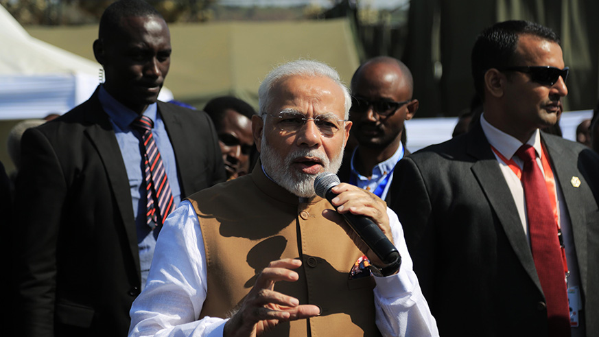 India Prime Minister Narendi Modi recently who was recently in Rwanda addressing Bugesera residents donating giving them 200 cows. Sam Ngendahimana.