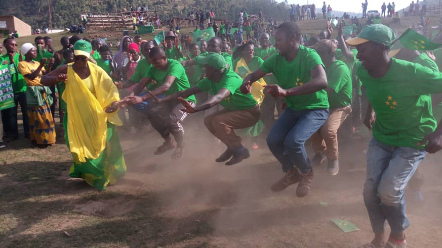 PL supporters perform a traditional dance known as u2018Ikinimbau2019 as the party campaigned in Rulindo District this week. Regis Umurengezi