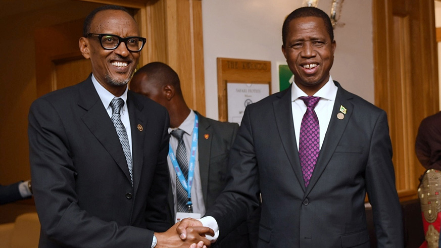 President Kagame with Zimbian President Edgar Lungu on the sidelines of the 38th SADC summit in Windhoek in Namibia yesterday. Vilage Urugwiro.