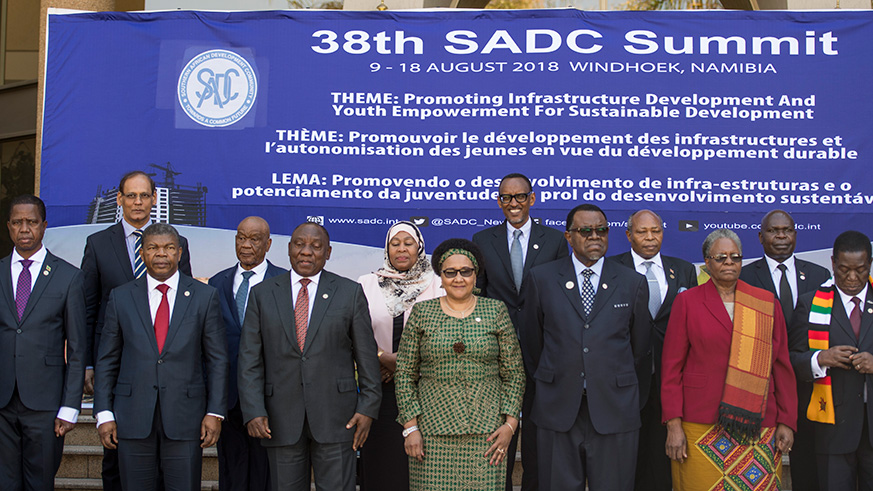 President Kagame (centre, back row) in a group photo with other Heads of State and Government, as well as other leaders at the 38th SADC summit in Windhoek in Namibia yesterday. Village Urugwiro.