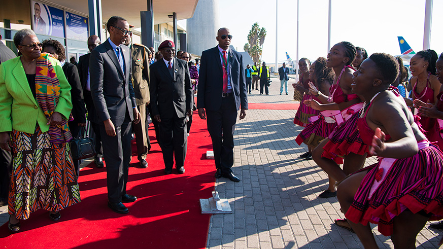 President Kagame is welcomed to Namibia by traditional dancers on Thursday. Village Urugwiro.