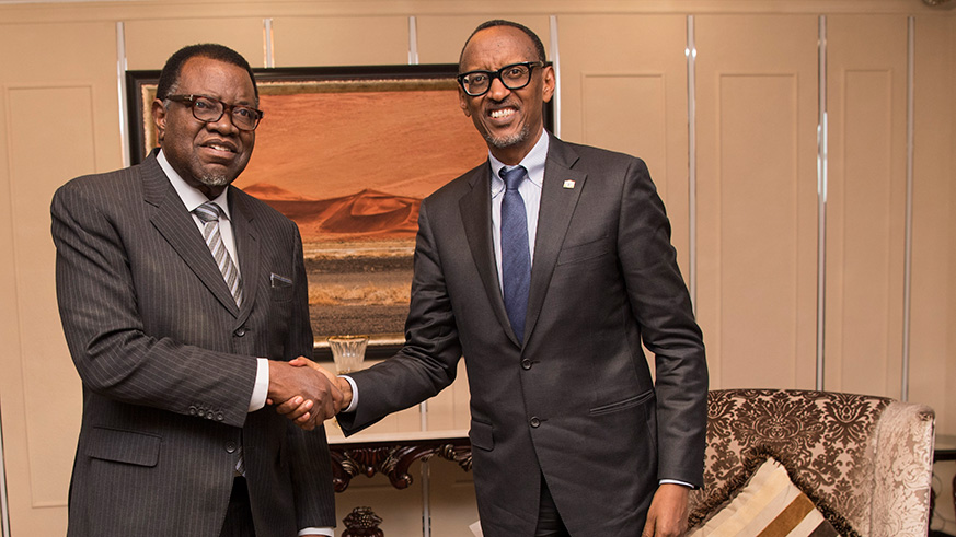 President Kagame is received in Windhoek in Namibia by his host, President Hage Geingob, on Thursday ahead of the 38th SADC Summit that was held yesterday. Village Urugwiro.