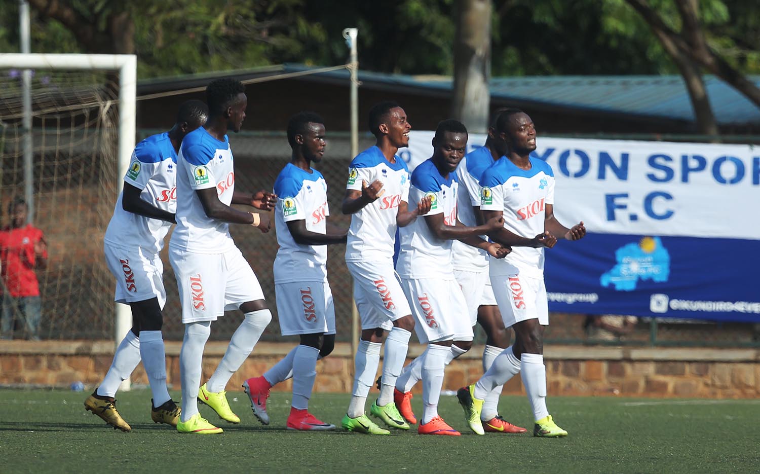 Rayon Sports players celebrate a goal during a past league match at Kicukiro Stadium. The Blues face Gor Mahia in Nairobi for a crucial three points today. Sam Ngendahimana