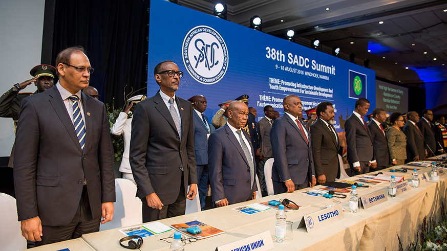 President Kagame and other leaders at the opening of the 38th SADC summit in Windhoek in Namibia yesterday. Village Urugwiro.