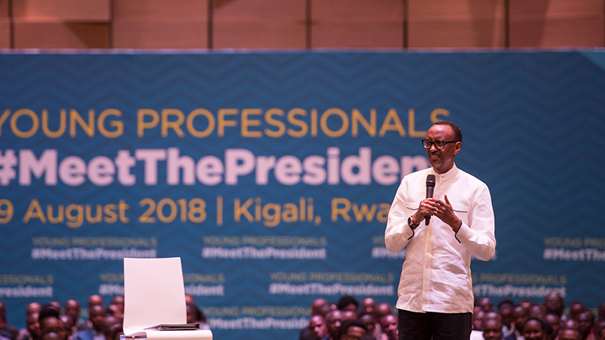 President Kagame addresses the young professionals at the Meet-the-President session at Intare Conference Arena at Rusororo in Gasabo District yesterday. Village Urugwiro.
