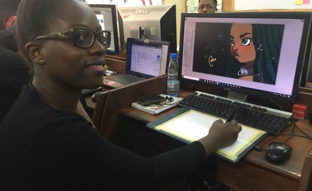Amandine Atangana, first female professional video games developer in Cameroon in Kiro'o Games headquarters in Yaounde, Cameroon on July 10, 2018. Net.