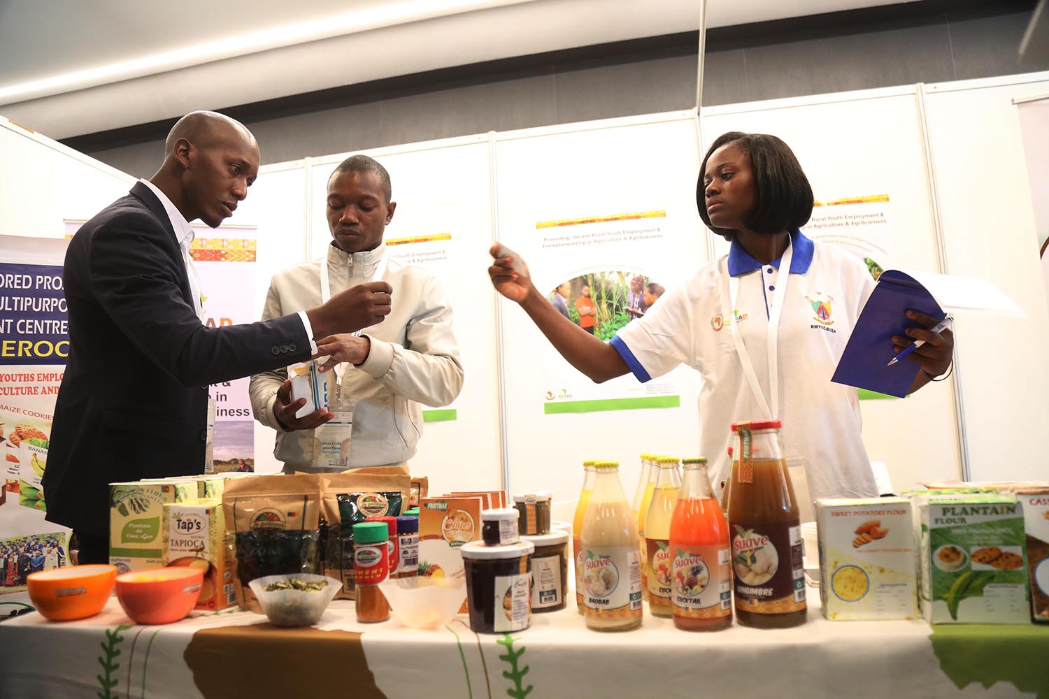 Some of the African youth engaged in agriculture showcase their products at the just-concluded u2018Youth Employment in Agricultureu2019 conference in Kigali. Sam Ngendahimana.
