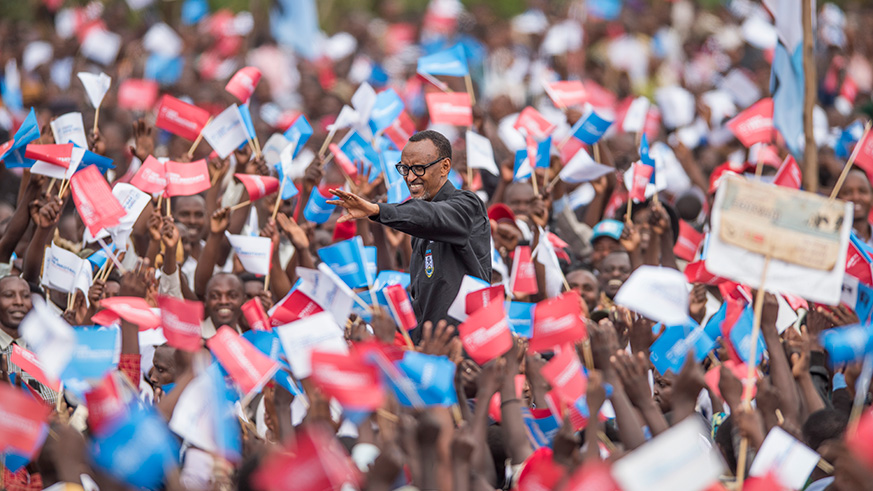President Kagame waves to Gisagara District residents on arrival in Muganza Sector yesterday. In his capacity as Chairman of RPF-Inkotanyi, the President rallied support for the 80 candidates fronted by the party for the upcoming parliamentary elections. He called on thousands of voters in the district to vote for RPF-Inkotanyi so that the party can continue working to develop the area and the entire country.  Village Urugwiro. 