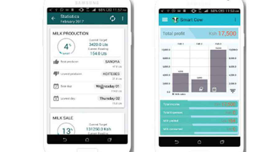 Mobile phone showing the Smart Cow Dairy app in use in Dan Koros's farm. The app helps the farmer to control the entire livestock agribusiness, from breeding to feeding to selling in the farm. Net photo.