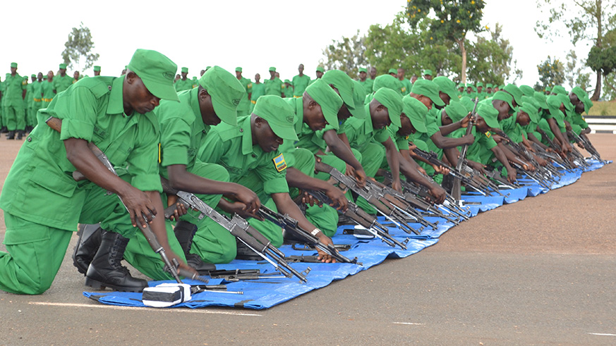 New DASSO recruits during pass-out at Police Training School-Gishari on Saturday. The course gave trainees different lessons that include weapon handling, discipline, leadership and management, first aid, laws, community policing, among others.  Jean de Dieu Nsabimana.