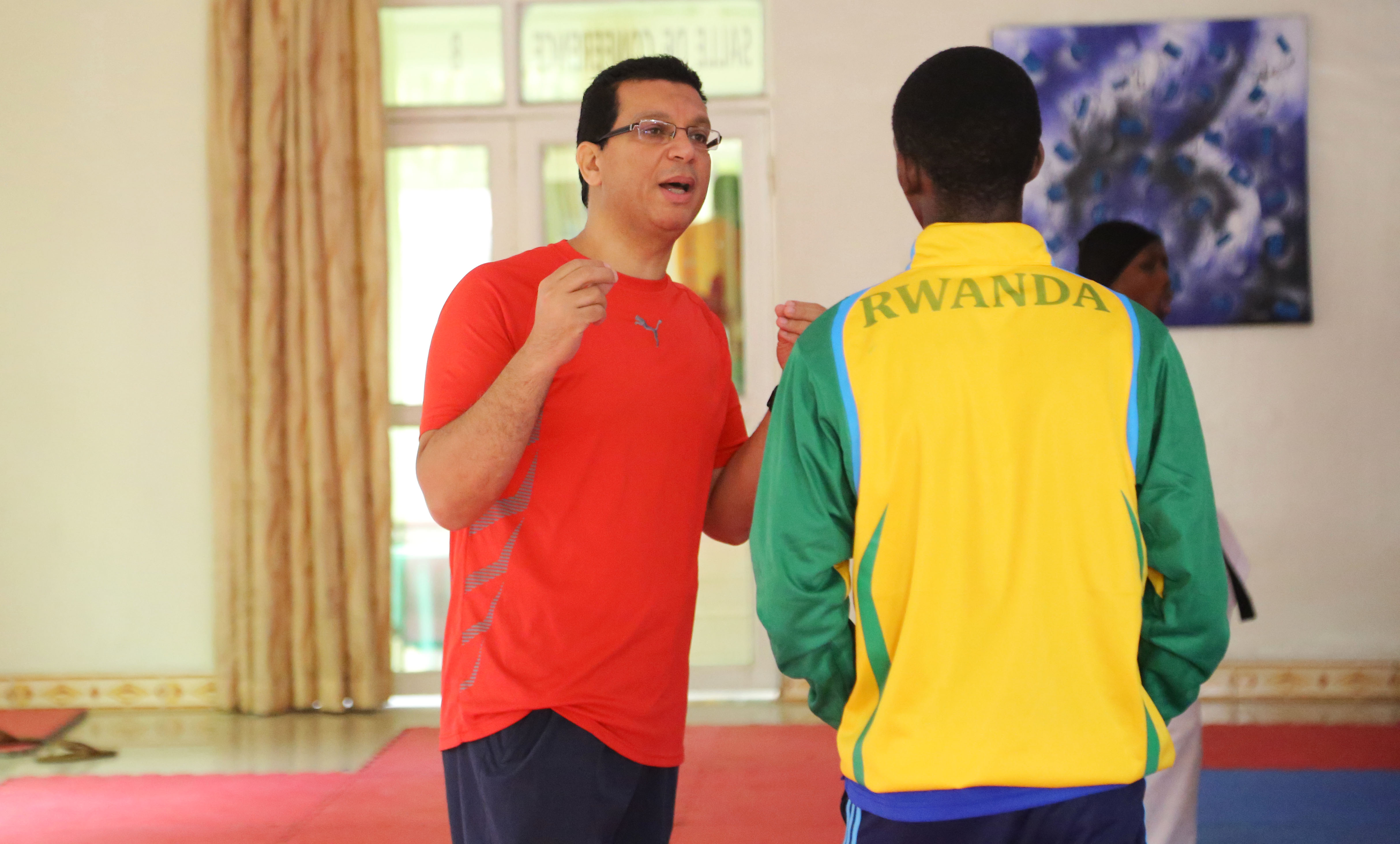 The national karate team's Egyptian head coach, Hashim Mahmoud Mohamed Hashim, gives instructions to Theophile Twizere during Monday's morning training at La Palisse Hotel. Sam Ngendahimana