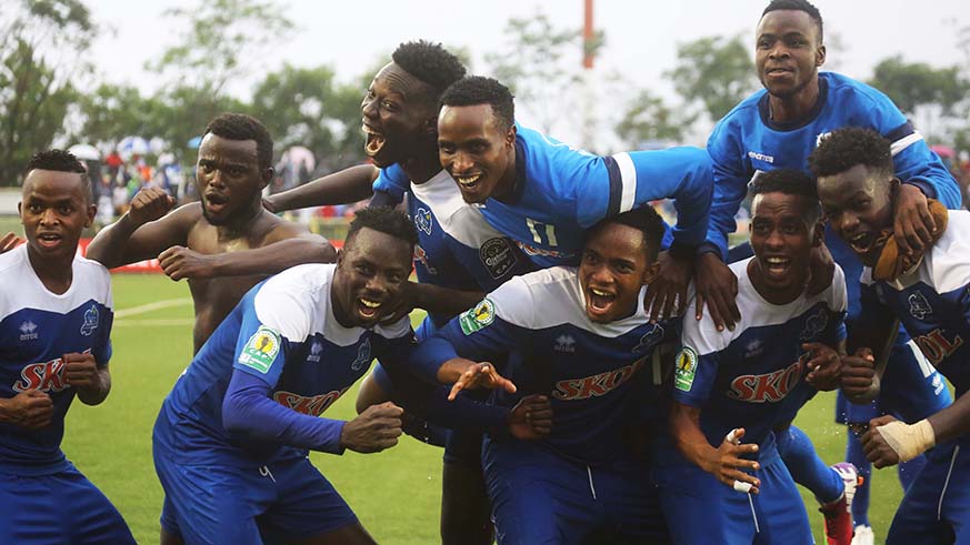 Rayon Sports players celebrate the crucial victory over Tanzania's Young Africans at Kigali Stadium on Wednesday, which booked them a ticket to quarter-finals of the CAF Confederation Cup after finishing second in D.