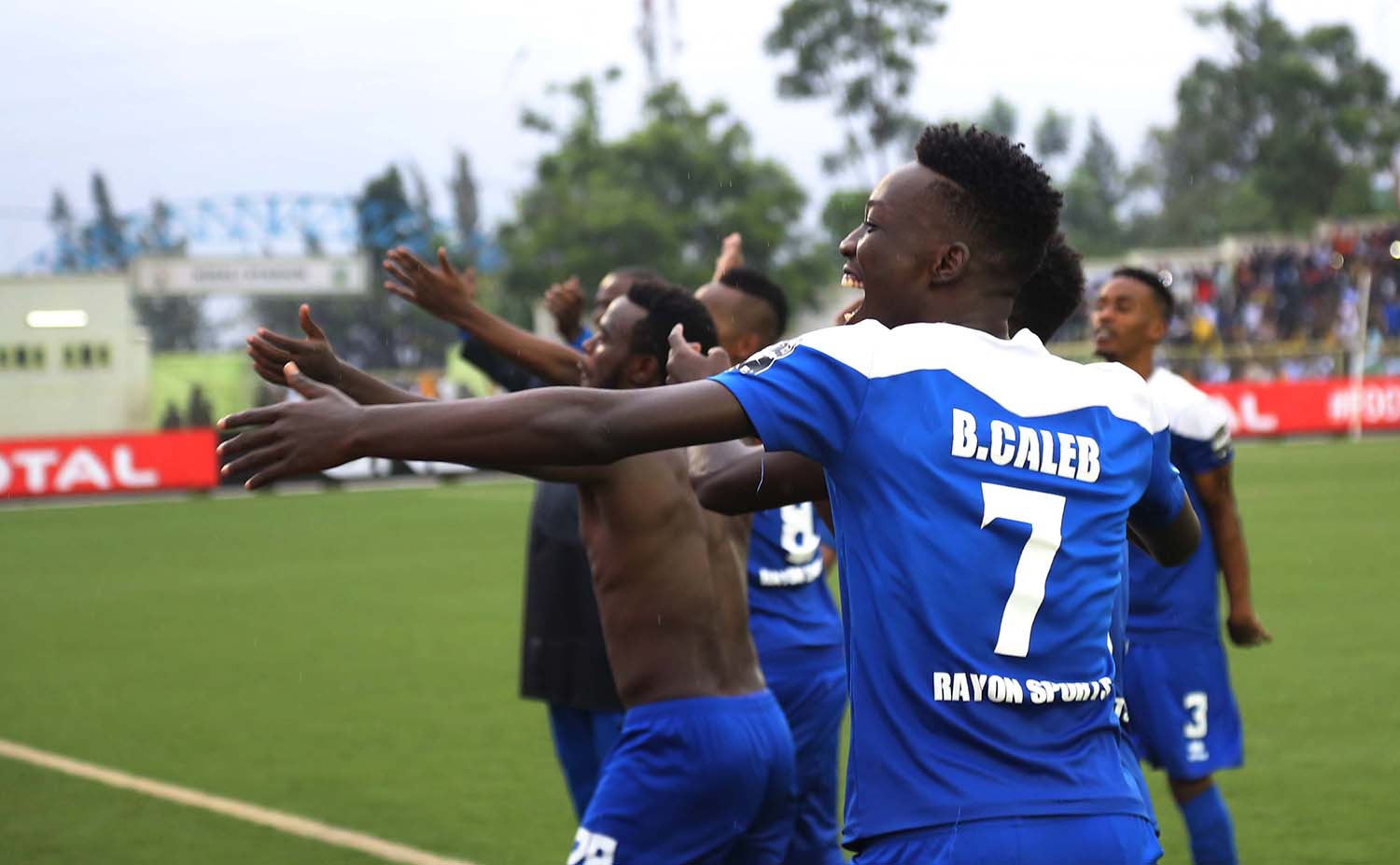 Striker Caleb Bimenyimana who scored the lone gaol, seen here celebrates with his teammates