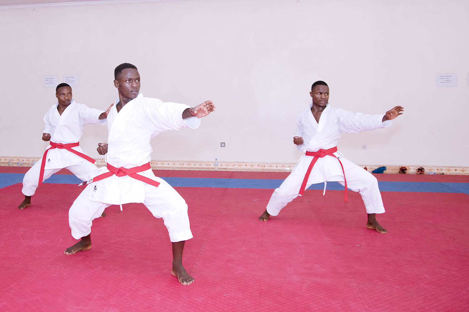 The entire male team Kata squad of three â€“ Thomas Habanabakize (left), Alphan Nsabimana (center) and Jean Claude Munyaburanga (right) â€“ is from Zen. (Emmanuel Kwizera)