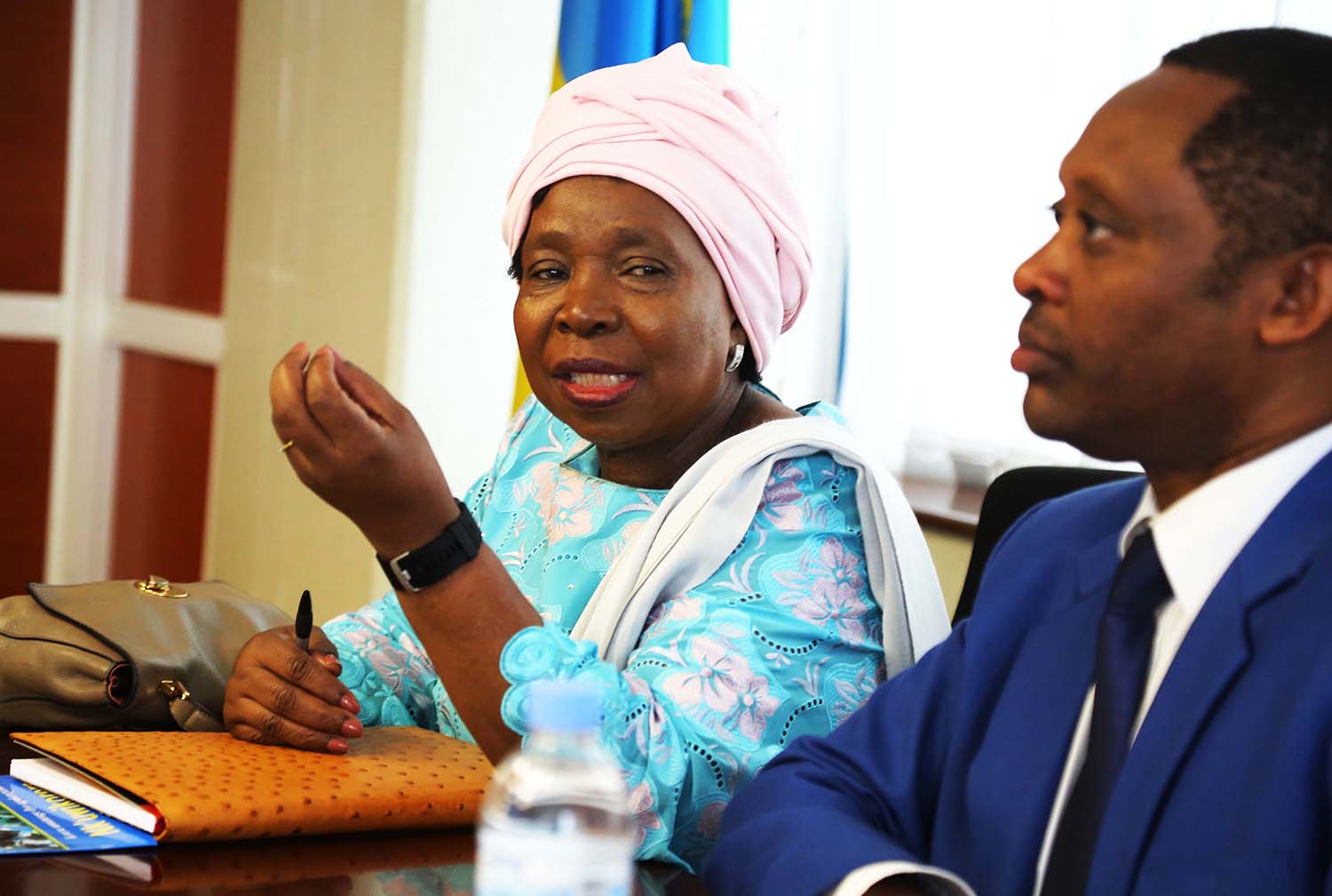 South African Minister in the Presidency for the National Planning Commission for Policy and Evaluation, Nkosazana Dlamini-Zuma, speaks during a meeting at Rwanda Governance Board (RGB) in Kigali yesterday. Looking on is Prof Anastase Shyaka, RGBâ€™s chief executive. Dlamini-Zuma is, together with her delegation, in the country on a benchmarking visit where they are expected to interact with different institutions. Sam Ngendahimana.