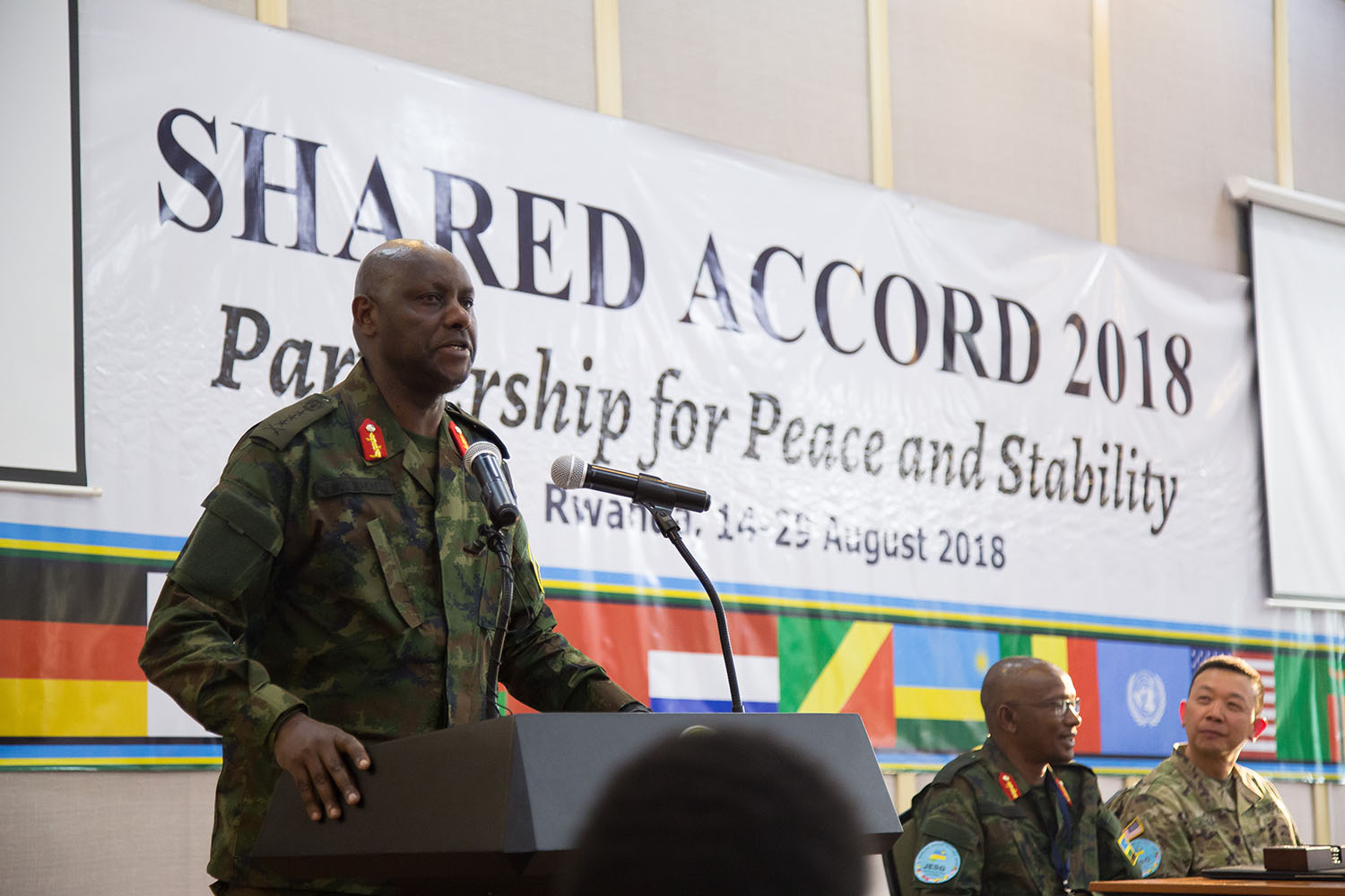Army Chief of Staff, Lt Gen Jacques Musemakweli, speaks during the closing ceremony of the two-week Command Post Exerciseu2018Shared Accord 2018 at Rwanda Military Academy-Gako, Bugesera District on Tuesday. Nadege Imbabazi.