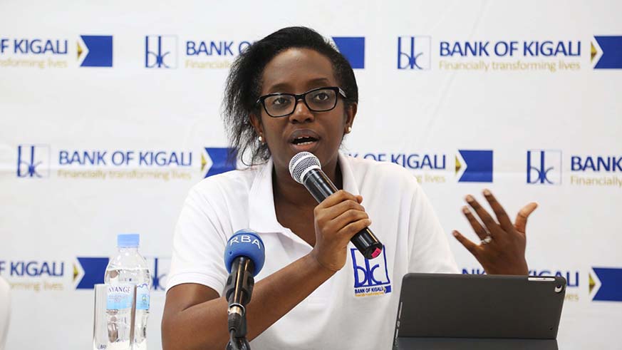 Diane Karusisi, Bank of Kigali Chief Executive Officer, during a previous news conference in Kigali. Sam Ngendahimana.