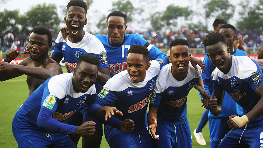 Rayon Sports players celebrate the crucial victory of 1-0 over Yanga at Kigali Stadium on Wednesday. (Sam Ngendahimana)