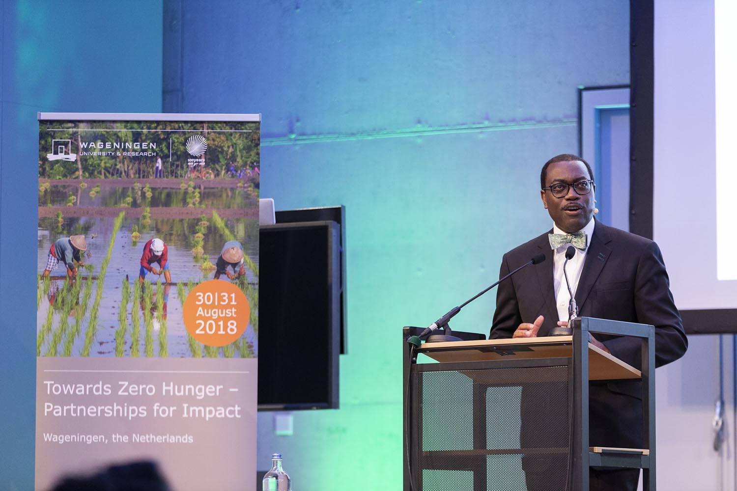 AfDB president Akinwumi speaks at at the â€˜Sustainable Development Goals (SDGs) Conferenceâ€™ at Wageningen University and Research, Netherlands last month.  Net photo.
