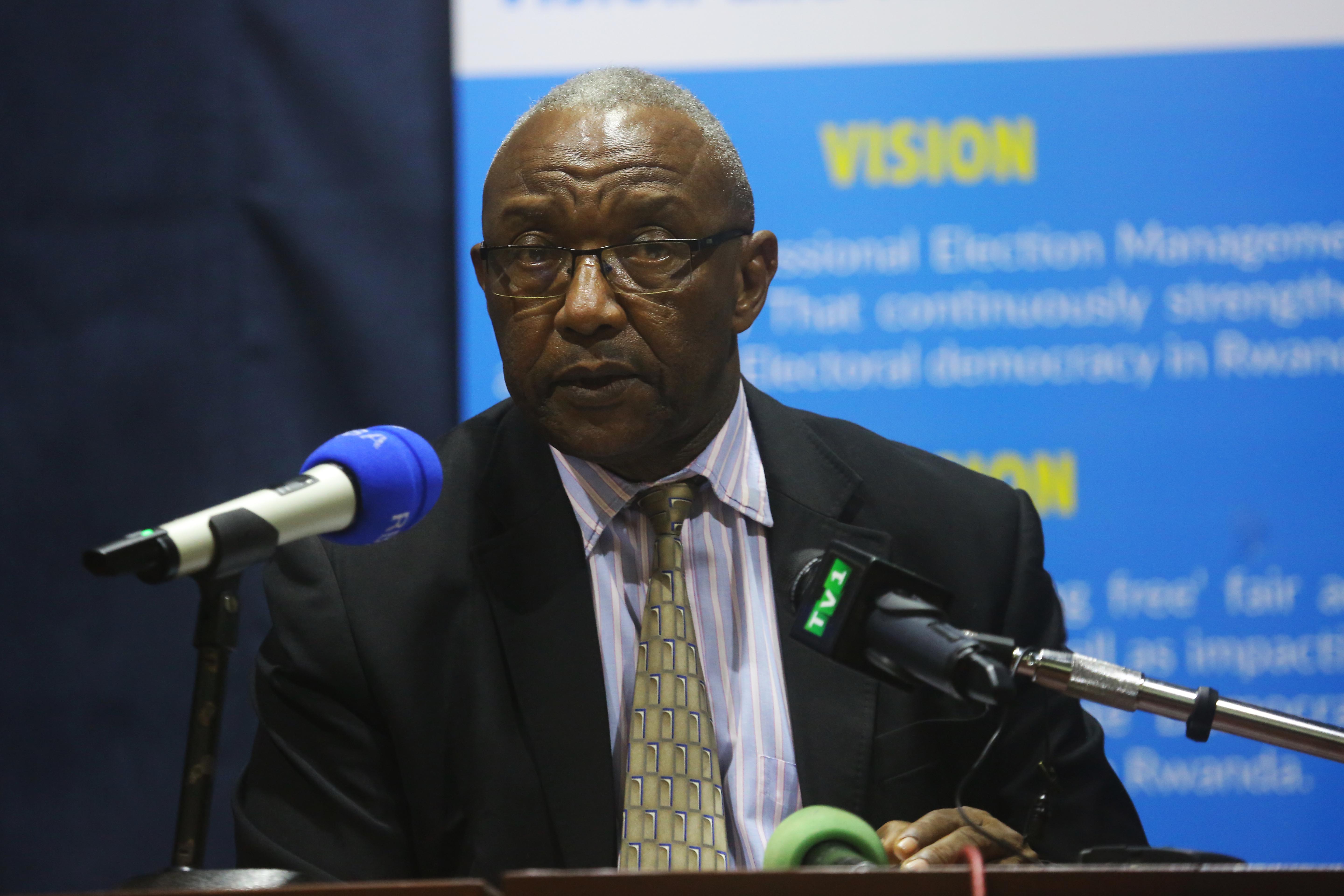 National Electoral Commission (NEC) Chairman Prof Kalisa Mbanda speaks during the announcement of the results yesterday rn