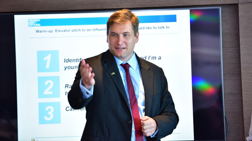 Simon Vaut, Policy Adviser at Germany Federal Ministry for Economic Affairs and Energy, facilitates the workshop in Kigali. Courtesy photos.