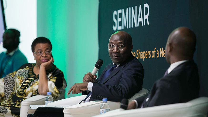 Prime Minister Edouard Ngirente gives a lecture during the launch of the Mandela Centennial Scholarship Programme at the African Leadership University as former South African First Lady Grau00e7a Machel looks on, yesterday. The premier called on the youth to be active contributors to the African Union reforms and leadership initiatives in their countries.  Nadege Imbabazi.