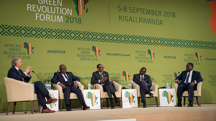 President Kagame (centre) speaks during a Presidential panel at the African Green Revolution Forum in Kigali yesterday. Former UK Prime Minister Tony Blair (left) moderated the panel session, next to him is Ghanaian President Nana Akufo-Addo. On the extreme right is Emmanuel Issoze-Ngondet, Prime Minister of Gabon and William Ruto, Kenyau2019s Deputy President. Village Urugwiro.