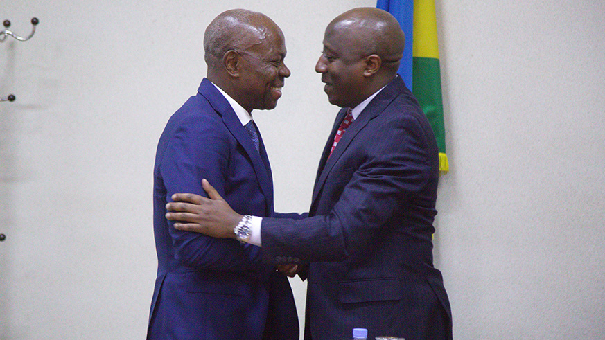 Prime Minister Edouard Ngirente welcomes Gilbert Houngbo, President of the  International Fund for Agricultural Development (IFAD) at his office yesterday.  IFAD has increased its investment in Rwanda from $45m t