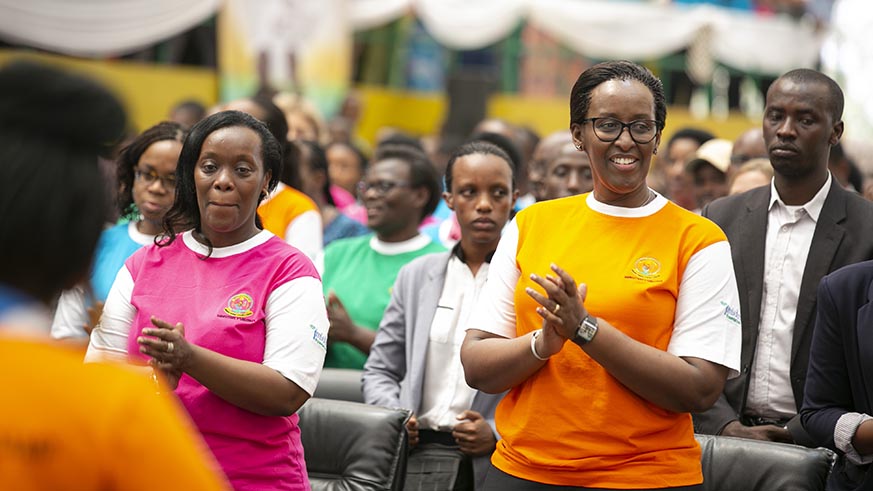 First Lady Mrs Jeannette Kagame at the launch of Free to Shine u2018Umwana Wanjye, Ishema Ryanjyeu2019 campaign as Minister for Health Diane Gashumba (left) looks on in Kigali yesterday. Mrs Kagame said no child should be born with HIV/AIDS because their mother is infected, calling on HIV positive mothers to spare no effort to ensure zero new infections of children. Courtesy.